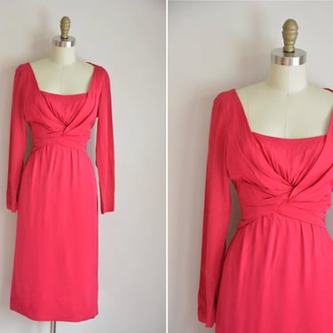 50s Courtship Letters dress /vintage 1950s rayon wiggle dress/ 50s hot pink cocktail dress 