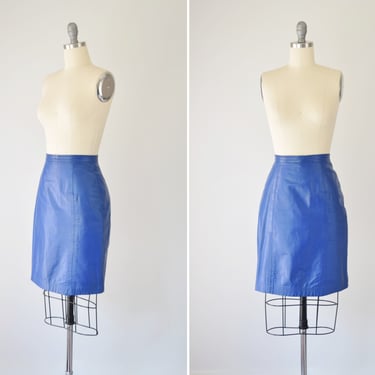 Leather High Waist Skirt XS / 24 Inch Waist / Leather Pencil Skirt / Blue Leather Skirt / 80s High Waist Skirt / Minimal Leather Skirt XS 