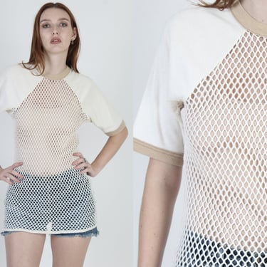 80's Sexy Netted T Shirt, See Through Ribbed Raglan Tee, Vintage 1980's Play Skins Brand, Fish Net Stretchy Jersey Top 