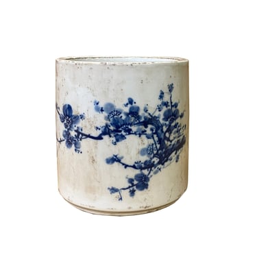 Chinese Distressed White Porcelain Blue Blossom Graphic Holder Vase ws2361E 