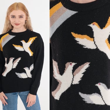 Dove Sweater 80s Black Knit Pullover Sweater Beaded Bird Print Retro Striped Crewneck Jumper Wool Blend Yellow Grey Vintage 1980s Small 