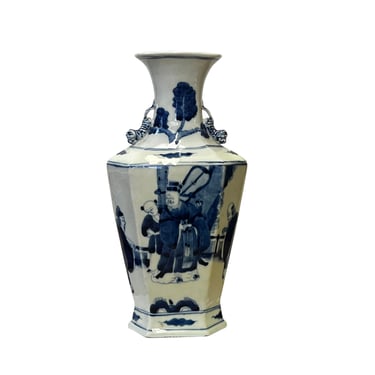 Chinese Blue White Porcelain Rhomboid Hexagon Scenery Vase ws3006E 