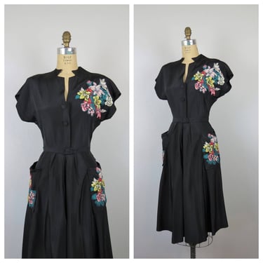 Vintage 1940s floral dress, applique, wwii era, evening, cocktail, semi formal 