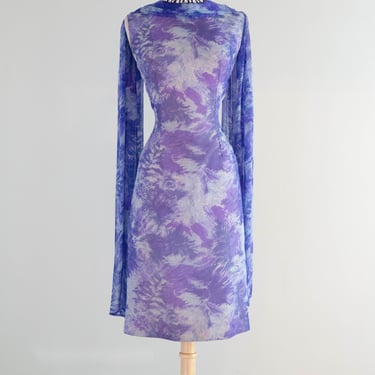 Glamorous Late 50's Silk Chiffon Cocktail Dress In An Abstract Blue Watercolor Print / M