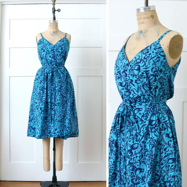 vintage 1970s 80s cotton sundress • batik bird print summer wrap dress in turquoise blue 