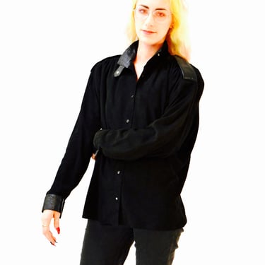 90s Vintage Black Leather Shirt Long Sleeve Button Down Leather Blouse Top Size Large 