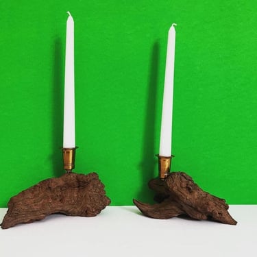 Midcentury Burl Wood  & Brass Candlesticks - a Pair 