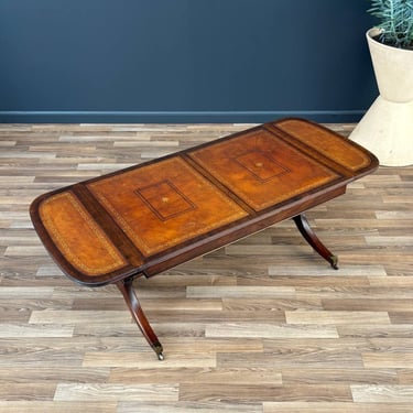 Traditional Duncan-Phyfe Style Mahogany Coffee Table with Tooled Leather Top, c.1930’s 