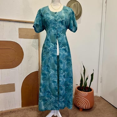 Vintage 90s Whimisical Green Blue Floral Button Short Sleeve Duster Dress XL 