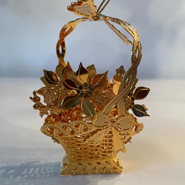 Vintage Danbury Mint Christmas Ornament Pointsetta Basket | 1993 Gold Plated Flower Bouquet Ornament 
