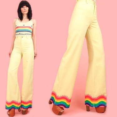 ViNtAgE 70's Did-It Bell Bottoms // Rainbow Airbrushed + Star Studded by Hellhound Vintage HiPPiE sz.25 