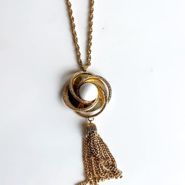 1980s Gold with White Stone Tassel Necklace