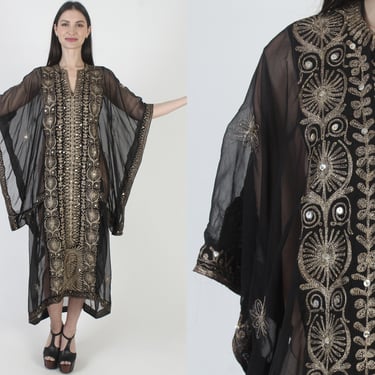 Indian Cocoon Dress, Black Metallic Caftan, Gold Gypsy Sundress, Oversized See Through Fabric 