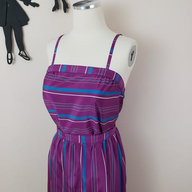 Vintage 1980's Stripe Dress / 80s  Purple 2 Piece Skirt and Top S 