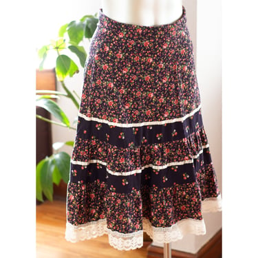 Vintage Prairie Skirt - Calico, Gunne Sax Style - 1970s - Boho, Tiered, Floral, Midi 