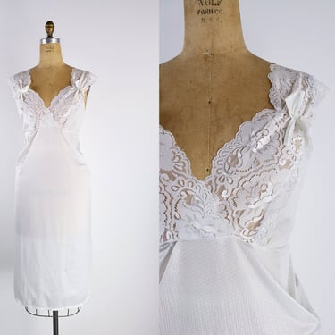80s white Lace Slip Dress / Wedding Lingerie / White Bow Lingerie / Vintage White Slip / Nightgowns / Size M/L 