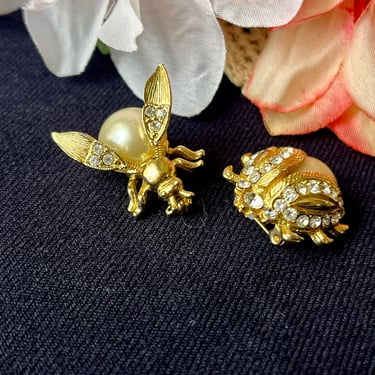 Vintage Insect Brooches, Beetle Bug Pins, Set 2, Sculptural, Faux Pearl Cabochon, Rhinestones 