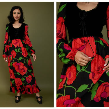 Vintage 1970s 70s Arpeja Young Innocent Rose Maxi Gown w/ Velvet Lace Up Corset Bodice, Ruffle Hem, Balloon Sleeves 