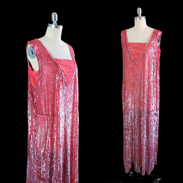 1920s Dress / Hot Pink SEQUIN Encrusted Flapper Dress / Authentic 20s Rare 