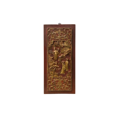 Chinese Vintage Wood Red Golden Relief Carving Wall Hanging Art Plaque ws4178E 