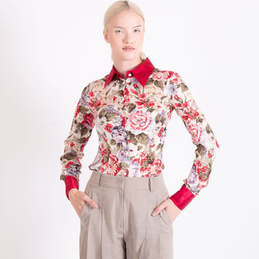 Vintage Dolce and Gabbana Y2K Floral Print Semi Sheer Button Down with Red Collar + Sleeves sz XS S D&G 