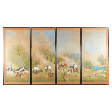 Japanese Showa Painted Panels on Silk Horses &amp; Deer by Carlota T. Ige