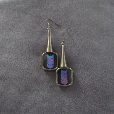Bronze geometric industrial earrings multicolor, square 