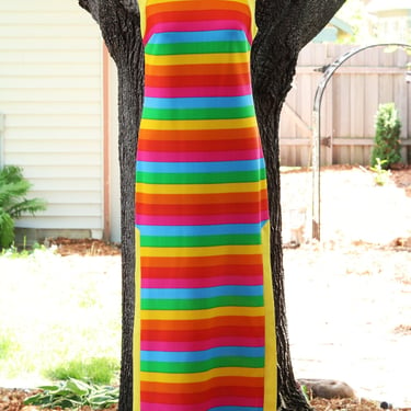 Vintage 1970's Rainbow Column Maxi Dress Ruth Norman for Gay Gibson 
