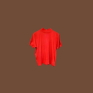 90s Mockneck T-Shirt, Vintage Red Short Dolman Sleeve Tee, Soft Worn Cuffed Basic Plain Simple Loose Fit Mock Turtleneck Blouse 