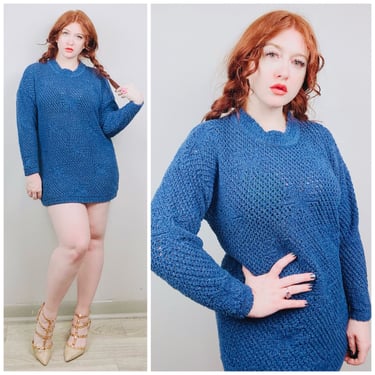 1980s Vintage Cotton Forever Blue Oversized Sweater / 80s / Eighties Semi Sheer Knit Jumper Dress / Size Large 