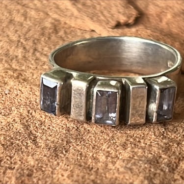 Vintage Sharon Sandoval - Navajo Sterling Silver and Iolite Baguette Cut Gemstone Ring with Adjustable Band 