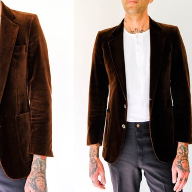 Vintage 70s Yves Saint Laurent Chocolate Brown Velvet Two Button Blazer | Made in France | 1970s YSL Designer Tailored Mens Smoking Jacket 