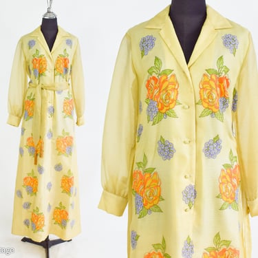 Shaheen | 1970s Yellow Screen Print Maxi Dress | 70s Yellow Floral Print Polyester Maxi Dress | Alfred Shaheen | Medium 