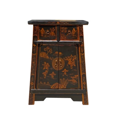 Chinese Rustic Black Copper Graphic End Table Nightstand cs7410E 