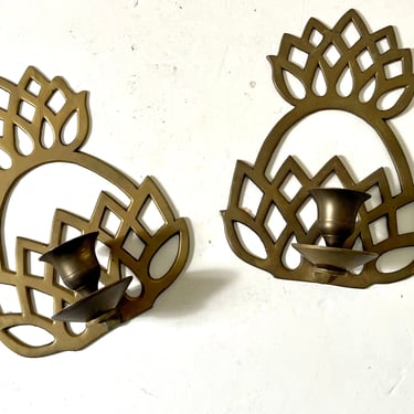 Vintage 1980s Pair of Mid Century Modern Pineapple Wall Candle Sconce // Vintage Brass Wall Decor 