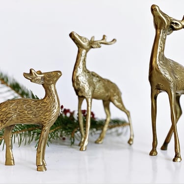 Vintage Brass Deer Figurines Set of 3 | Woodland Holiday Decor | Mid-Century Mantle Display | Tabletop Christmas Accent Pieces 