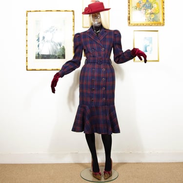 Vintage 1980s Does 1940s Purple Plaid Wool Dress Coat Check Print Double Breasted Peplum With Belt Size S UK Size 10 