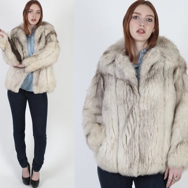 Arctic Fox Fur Coat / Real Fur Jacket With Pockets / Vintage 80s Off White Velvet Suede Panels / Corded Shawl Collar Winter Jacket 