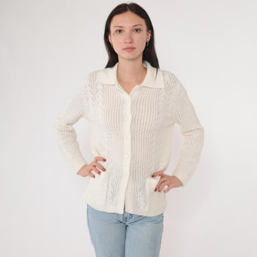 70s Openwork Cardigan Sheer White Pointelle Bohemian Sweater Button Up 1970s Vintage Open Weave Sheer Pocket Boho vtg Nerd Grandma Medium 