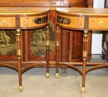 Fine Quality Paint Decorated Adams Satinwood Demilune Console Tables Circa 1900