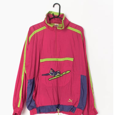 90s vintage Puma shell jacket 1/4 zip ski jacket with skier and lime green details - Large 