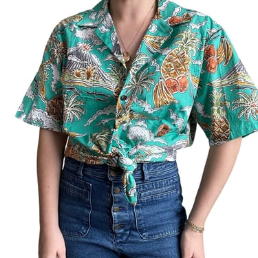 Vintage Mens RJC Made in Hawaii Tropical Tiki Volcano Cotton Button Down Shirt 