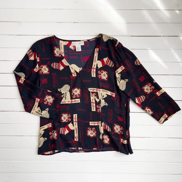 French silk blouse | 90s vintage La Mode Enfantine Art Deco flapper cloche francophile novelty print silk shirt 