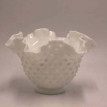 vintage Fenton white milk glass hobnail bowl vase with ruffled edge 