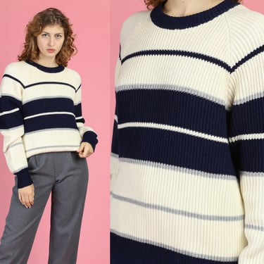 80s Navy Blue & Cream Striped Sweater - Large | Vintage Women's Pullover Jumper 