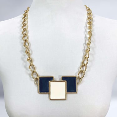 VINTAGE 70s Monet Modernist Necklace Navy Blue & Cream Enamel Gold Chain | 1970s Vintage Big Link Bib Statement Necklace | Vfg 