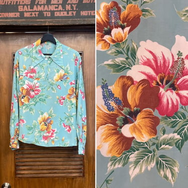 Vintage 1940’s Original Floral Silky Rayon 1/4 Zip Pullover Tiki Hawaiian Shirt, 40’s Vintage Clothing 