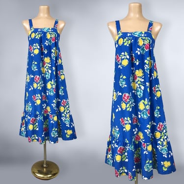 VINTAGE 70s Bright Blue Floral Smock Sun Dress by Periwinkle Loungewear Sz L | 1970s Summer Tent Dress | VFG 