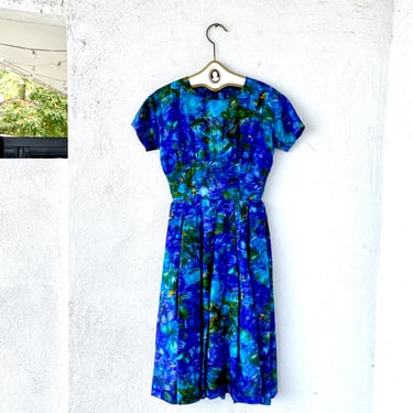 Vintage 50s 60s Japanese Silk Artsy Floral Blue Dress 