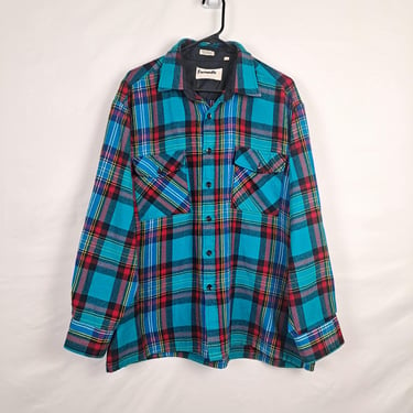 Vintage 90s Aqua & Red Flannel Button Down Shirt 